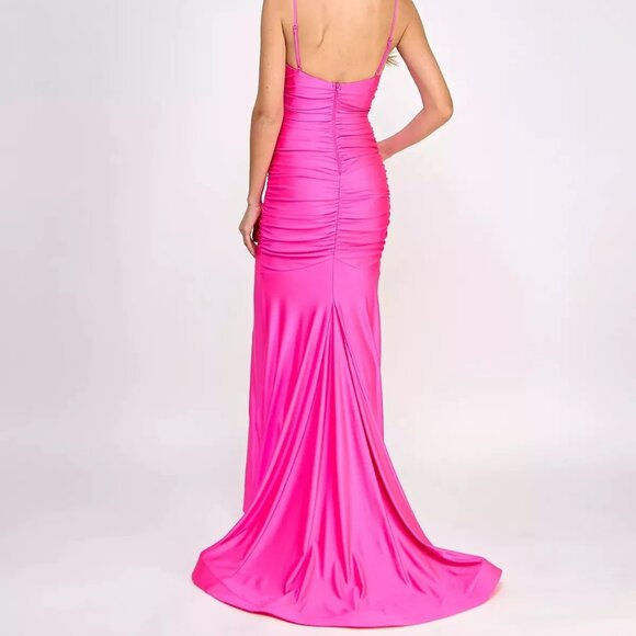B Darlin Juniors' Shirred Gown Neon Pink - Picture 4 of 5